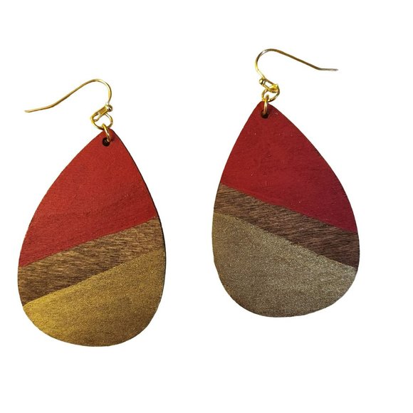 Earrings red gold teardrop wood - Picture 3 of 4